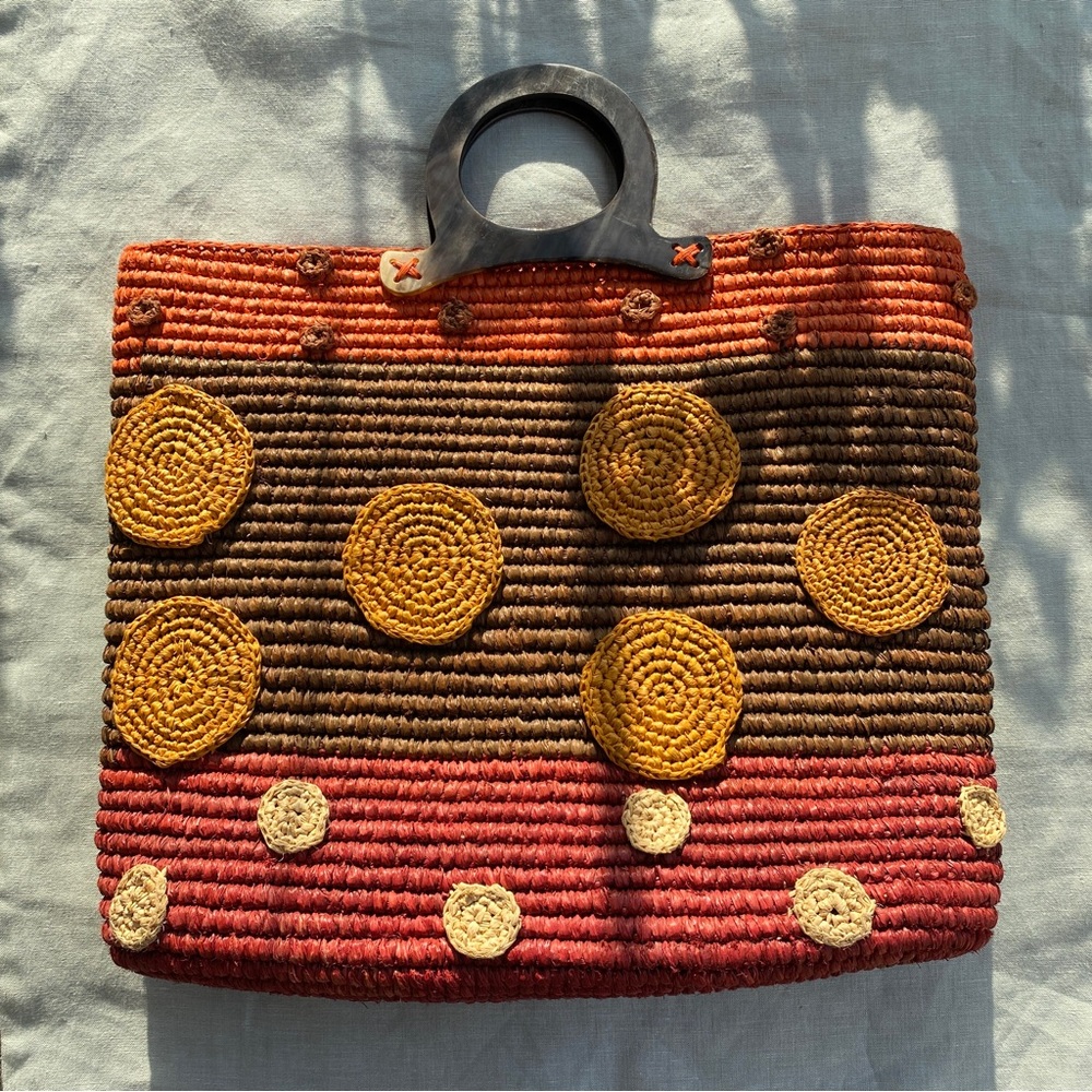 Jamin Puech straw raffia horn handle striped dot tote bag